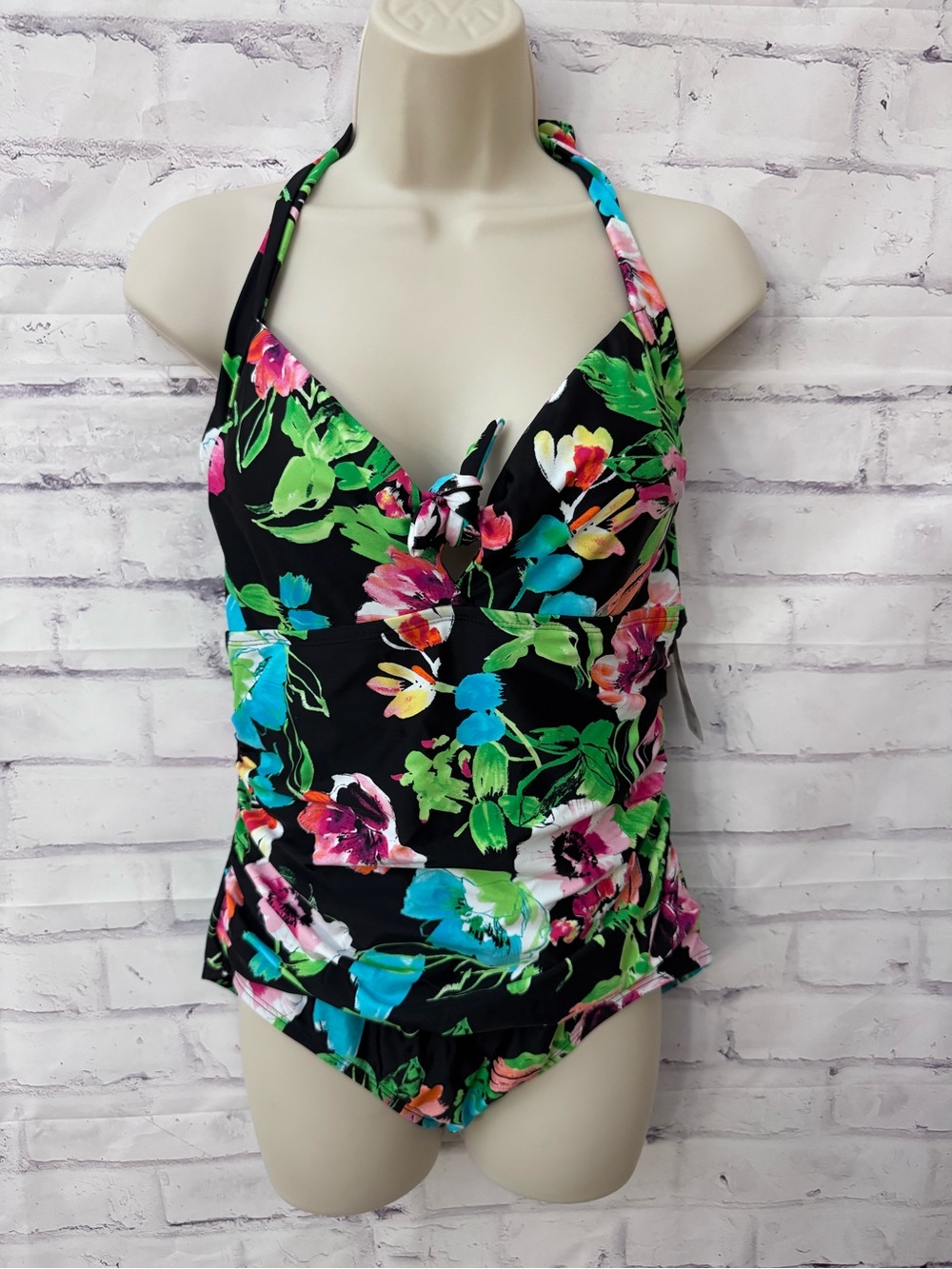 Catalina One Piece Black Green Pink Floral Halter Swimsuit Size L (12-14) New